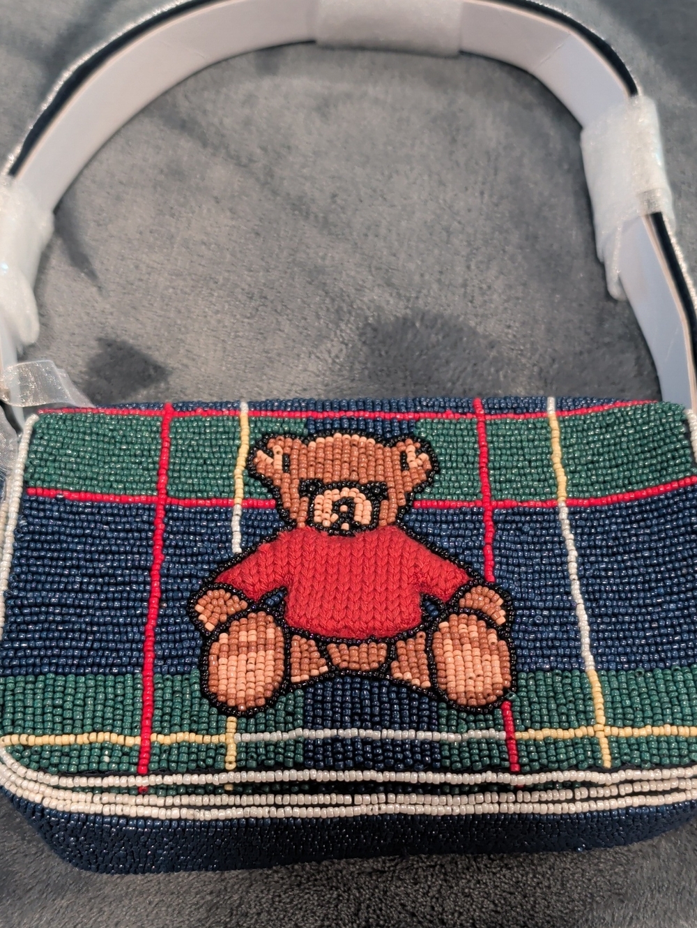 Beaded Teddy Shoulder Bag - Green & Navy